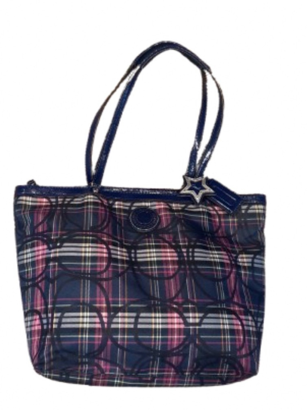 Coach Poppy Tartan Plaid Glam Tote Bag Navy Pink Y2K F20040